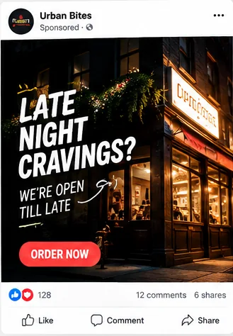 Illustrative late-night takeaway sponsored social advert mockup