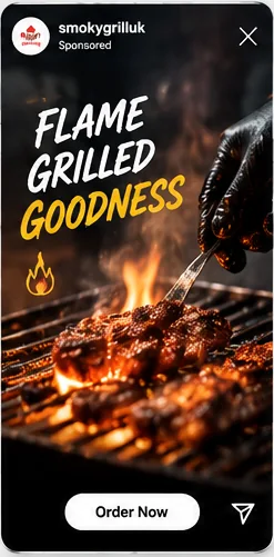 Illustrative flame-grilled offer sponsored social advert mockup