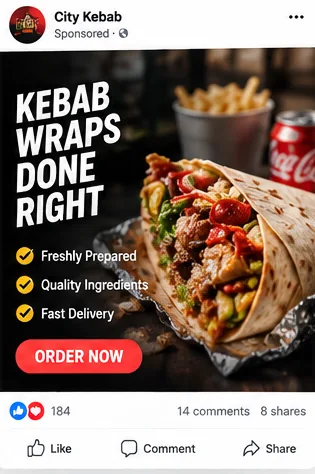 Illustrative kebab takeaway offer sponsored social advert mockup