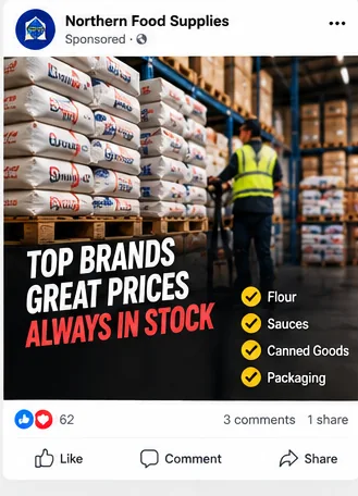 Illustrative wholesale flour supplies sponsored social advert mockup
