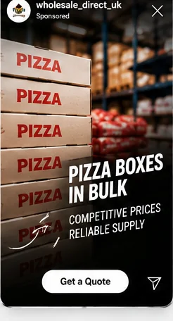 Illustrative pizza packaging in bulk sponsored social advert mockup