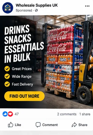 Illustrative wholesale drinks and snacks sponsored social advert mockup